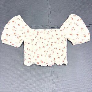 American Eagle Floral Smocked Off-Shoulder Top M White & Red